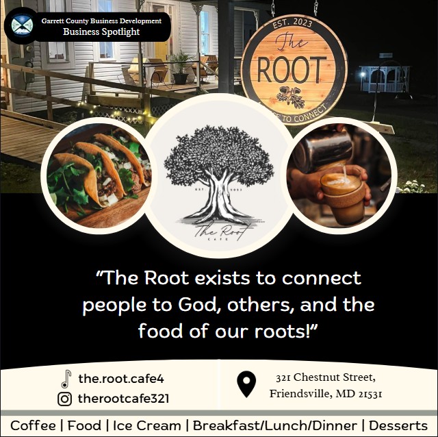 Today's Business Spotlight ☕🥯 🌯 is on The Root Cafe! 

Visit them at https://www.facebook.com/profile.php?id=61550231191703

Follow us to see more daily Garrett County Business Spotlights! 

If you are interested in having your business featured contact Connor Norman at 1-301-334-7281 or email cnorman@garrettcountymd.gov. #garrettcountymd #businessdevelopment 